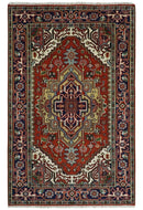 Hand Knotted Red, Ivory and Blue Traditional Heriz Multi size Wool Area Rug