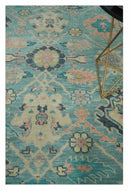 8x10 Antique Hand Knotted Teal, Charcoal and Beige Traditional Vintage Persian Oushak Wool Rug | TRDCP1367810