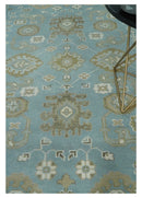8x10 Aqua, Ivory and Olive Traditional Oushak Hand Knotted Wool Area Rug