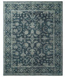Antique Floral Distressed finished Hand Knotted Dark Teal and Beige Custom Made wool Area Rug
