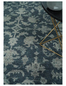Antique Floral Distressed finished Hand Knotted Dark Teal and Beige Custom Made wool Area Rug