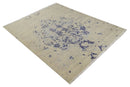 8x10 Beige, Blue and Silver Antique Style, Abstract Hand Knotted Low pile Wool Area Rug