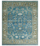 8x10 Blue and Olive Traditional Oushak Wool Rug, Large Patterns