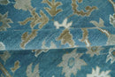 8x10 Blue and Olive Traditional Oushak Wool Rug, Large Patterns