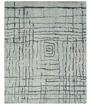 8x10 Contemporary Stripes pattern Beige, Silver and Charcoal Hand knotted wool Area Rug
