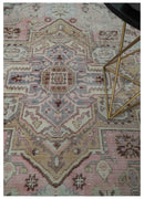 8x10 Distressed Low Pile Hand knotted Beige, Peach and Silver Wool Area Rug