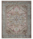 8x10 Distressed Low Pile Hand knotted Beige, Peach and Silver Wool Area Rug