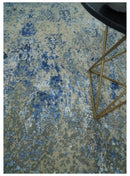 8x10 Fine Blue, Ivory and Beige Hand knotted Abstract wool and Art Silk Area Rug