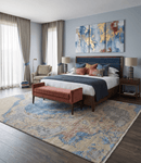 8x10 Fine Hand Knotted Beige and Blue Modern Abstract Style Wool and Silk Area Rug
