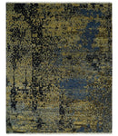 8x10 Fine Hand Knotted Beige, Black and Blue Modern Abstract Style Antique Wool and Silk Area Rug | TRDCP629810