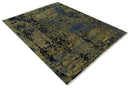 8x10 Fine Hand Knotted Beige, Black and Blue Modern Abstract Style Antique Wool and Silk Area Rug | TRDCP629810
