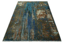 8x10 Fine Hand Knotted Blue and Brown Modern Abstract Wool Area Rug