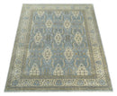 8x10 Fine Hand Knotted Blue and Ivory Traditional Ikat Design Antique Wool Rug | TRDCP462810