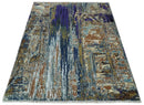 8x10 Fine Hand Knotted Blue And Brown Modern Abstract Wool and Bamboo Silk Area Rug