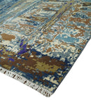 8x10 Fine Hand Knotted Blue And Brown Modern Abstract Wool and Bamboo Silk Area Rug