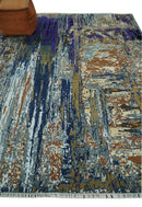 8x10 Fine Hand Knotted Blue And Brown Modern Abstract Wool and Bamboo Silk Area Rug