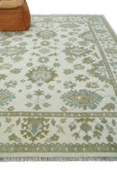 8x10 Fine Hand Knotted Ivory, Gold and Olive Traditional Vintage Antique Oushak Persian Wool Rug | TRDCP902810