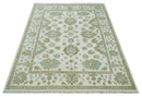 8x10 Fine Hand Knotted Ivory, Gold and Olive Traditional Vintage Antique Oushak Persian Wool Rug | TRDCP902810