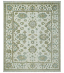 8x10 Fine Hand Knotted Ivory, Gold and Olive Traditional Vintage Antique Oushak Persian Wool Rug | TRDCP902810