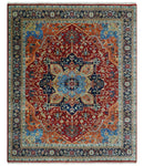 8x10 Fine Hand Knotted Rust and Blue Traditional Heriz Medallion wool area rug