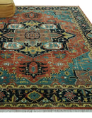 8x10 Fine Hand Knotted Rust, Teal and Dark Blue Traditional Heriz wool area rug