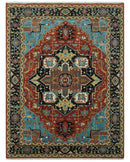 8x10 Fine Hand Knotted Rust, Teal and Dark Blue Traditional Heriz wool area rug