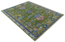 8x10 Green, Blue and Peach Hand Knotted Vibrant Donegal Floral Wool Rug