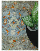 8x10 Hand Knotted Blue, Silver and Beige Persian Recycled Silk Area Rug