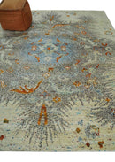 8x10 Hand Knotted Blue, Silver and Beige Persian Recycled Silk Area Rug