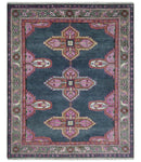 8x10 Hand Knotted Charcoal, Silver and Pink Traditional Wool Area Rug