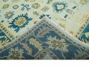 8x10 Hand Knotted Ivory and Blue Traditional Oriental Oushak wool area rug