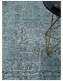 8x10 hand knotted Ivory, Aqua and Charcoal Modern Abstract Wool and Bamboo Silk Area Rug