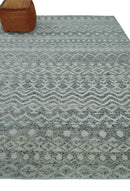 8x10 Hand Knotted Ivory, Gray and Blue Modern Contemporary Southwestern Tribal Trellis Recycled Silk Area Rug