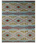 8x10 Hand Knotted Ivory, Red and Blue Persian Recycled Silk Area Rug