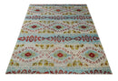8x10 Hand Knotted Ivory, Red and Blue Persian Recycled Silk Area Rug