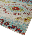8x10 Hand Knotted Ivory, Red and Blue Persian Recycled Silk Area Rug