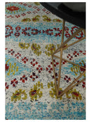 8x10 Hand Knotted Ivory, Red and Blue Persian Recycled Silk Area Rug
