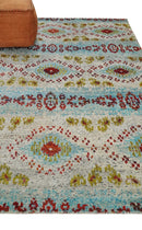 8x10 Hand Knotted Ivory, Red and Blue Persian Recycled Silk Area Rug