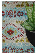 8x10 Hand Knotted Ivory, Red and Blue Persian Recycled Silk Area Rug