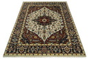 8x10 Hand Knotted Ivory Red and Blue Traditional Heriz Serapi Antique Wool Rug | TRDCP601810