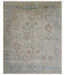 8x10 Hand Knotted Ivory, Silver and Brown Oriental Oushak Wool Area Rug