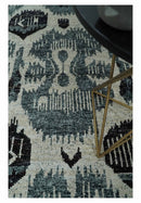 8x10 Hand Knotted Ivory, Teal and Black Contemporary Recycled Silk Area Rug