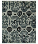 8x10 Hand Knotted Ivory, Teal and Black Contemporary Recycled Silk Area Rug
