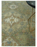 8x10 Hand Knotted Olive and Ivory Traditional Vintage Heriz Serapi Antique Wool Rug | TRDCP1076S