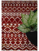8x10 Hand Knotted Red and White Modern Contemporary Southwestern Tribal Trellis Recycled Silk Area Rug
