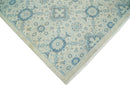 Hand Knotted Traditional Ivory and Blue Oxidized Textured Low Pile Wool Rug