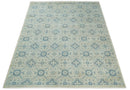 Hand Knotted Traditional Ivory and Blue Oxidized Textured Low Pile Wool Rug