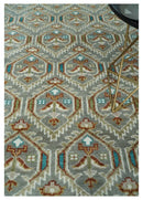 8x10 Hand Knotted Turkish Style Silver, Ivory and Rust Traditional Pile Area Rug, Repeat Design