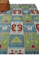 8x10 Hand Knotted White, Blue and Rust Modern Tribal Style Recycled Silk Area Rug