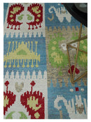 8x10 Hand Knotted White, Blue and Rust Modern Tribal Style Recycled Silk Area Rug